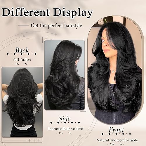 Miniatura 3 de Extensiones de cabello para mujer, 20 pulgadas, color negro, largo en capas, con clip, sintético, resistente al calor, uso diario