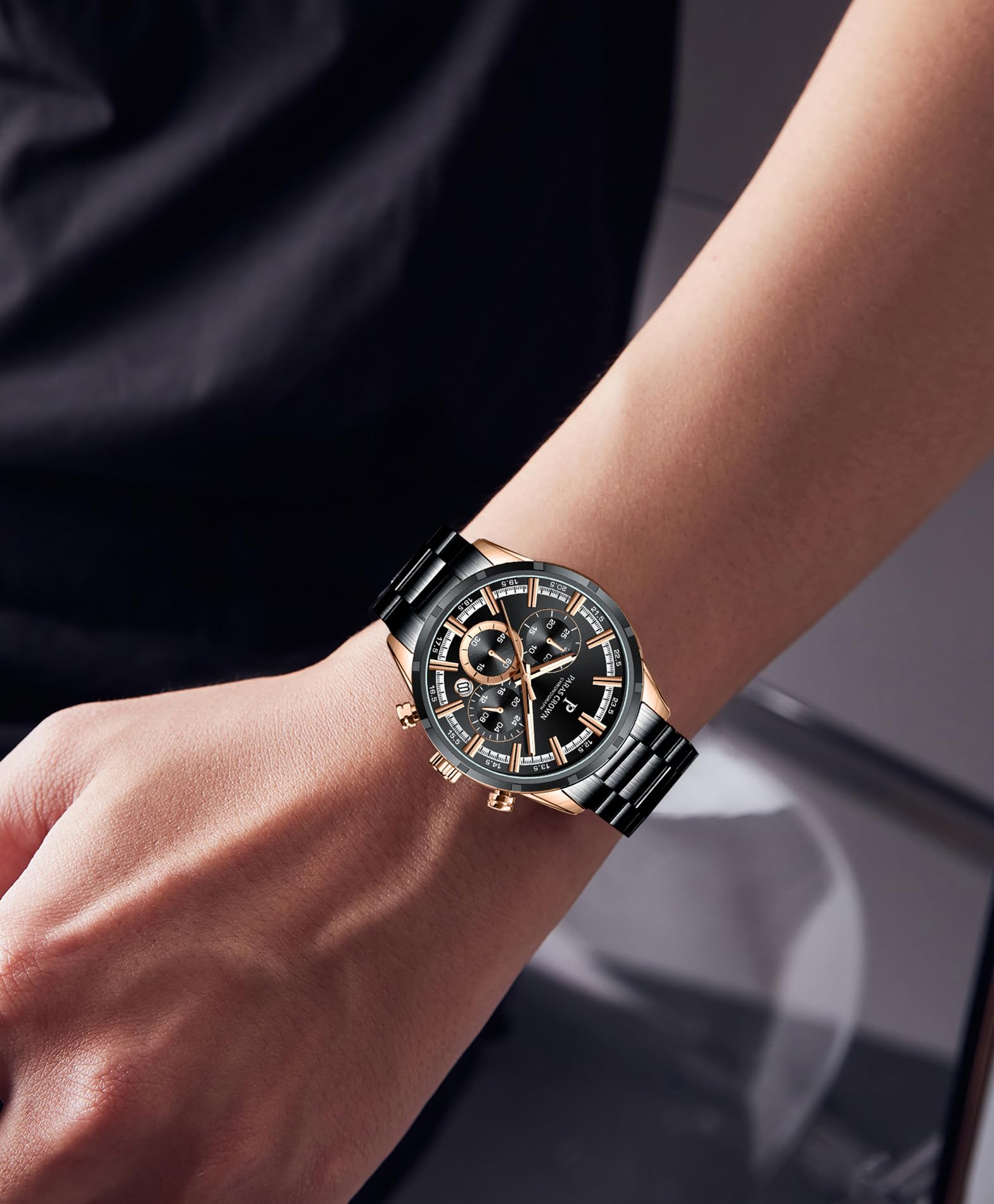 PC PARAS CROWN Orologio Uomo con Movimento al Quarzo Giapponese Cronografo Resistente all'Acqua 5 ATM Cassa in Acciaio Classico Elegante Orologio Cinturino in Silicone