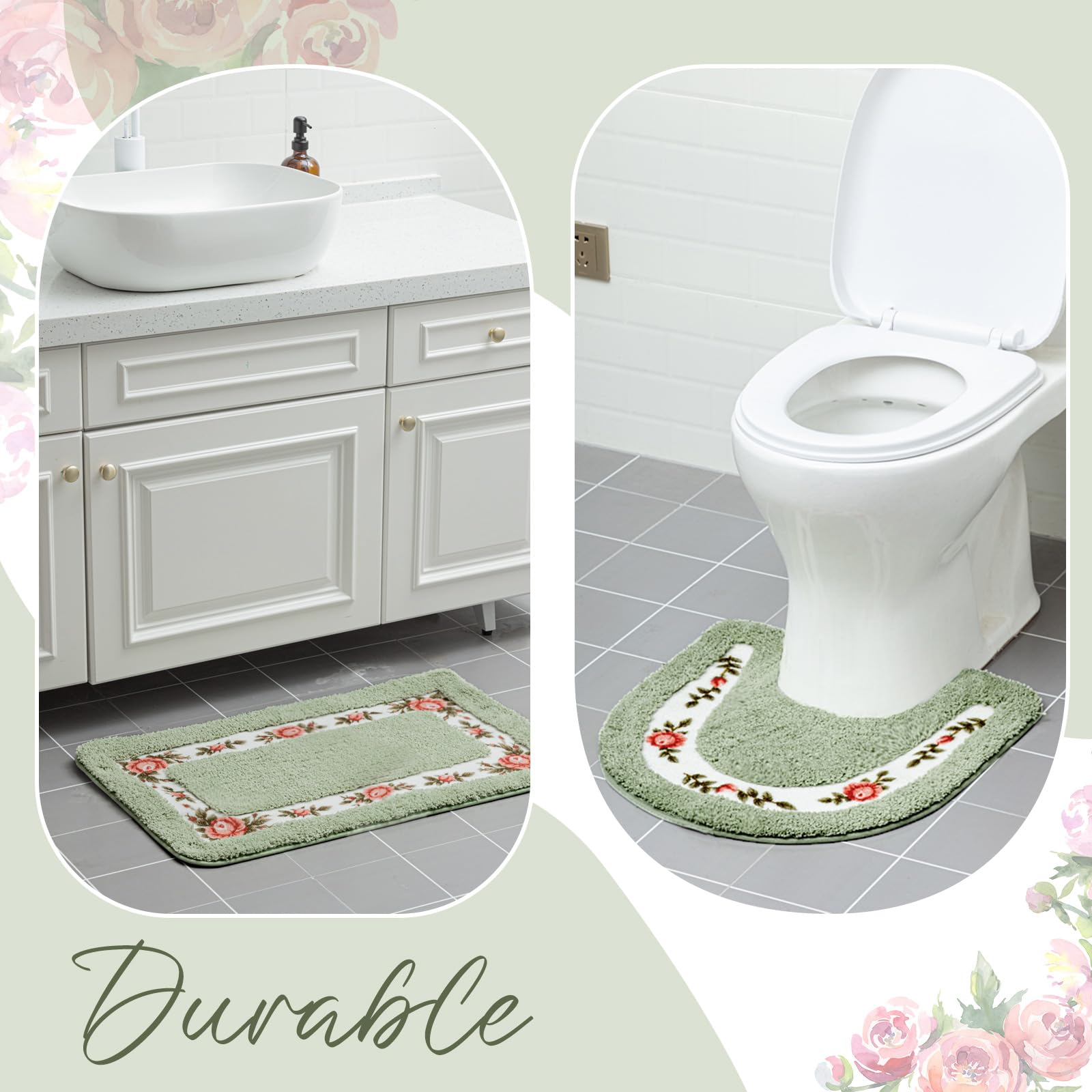 Drydiet Lot de 3 tapis de salle de bain antidérapants et absorbants avec motif de roses romantiques pour chambre à coucher, salle de bain, chambre à coucher, salon, 3 formes (vert)