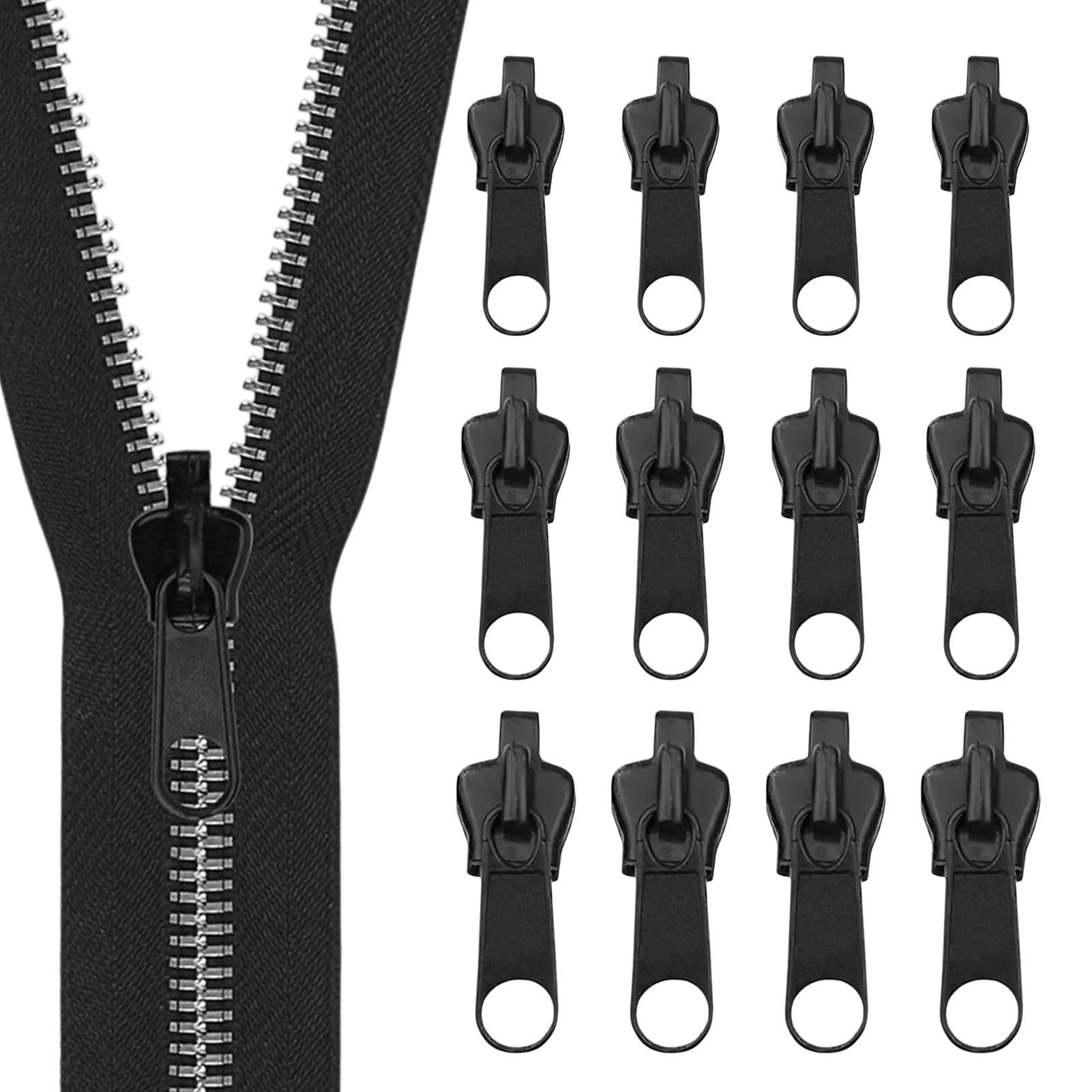 Amztour Reißverschluss Reparatur Set 12 Stück - Zipper Ersatz In 3 Größen Für Jacken, Rucksäcke, Jeans & Taschen (Schwarz, S+M+L)