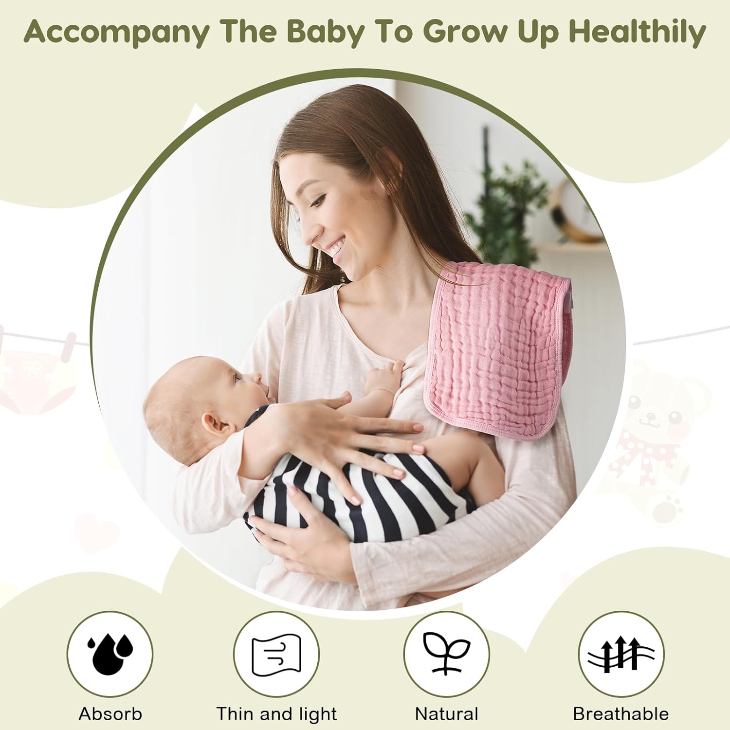 Newcotte 12 Pcs Baby Muslin Bibs and Burp Cloths Set Cotton Absorbent Baby Bibs Burping Cloths for Toddler Unisex Girls Boys Soft Adjustable Drooling for Newborn Teething