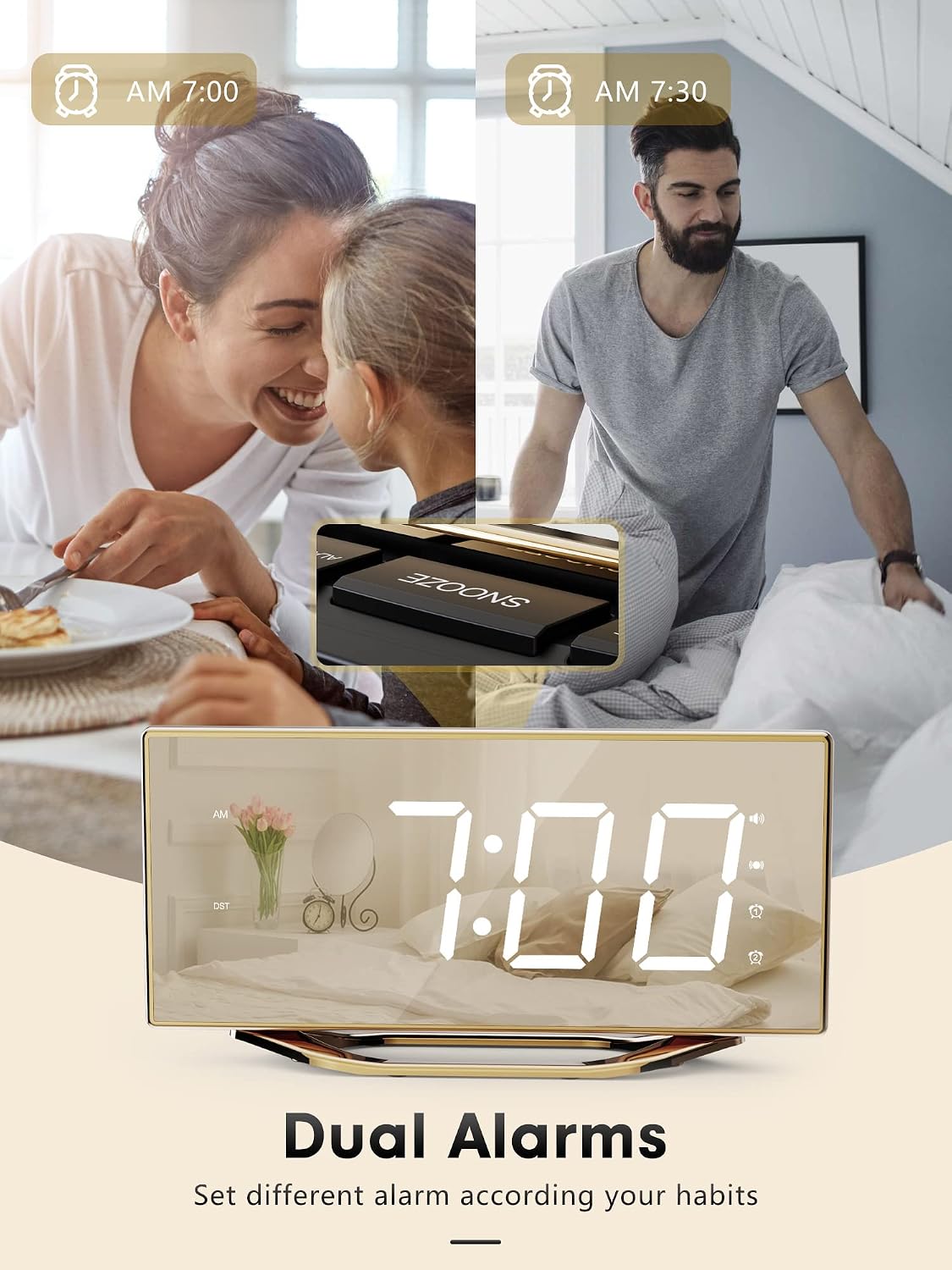 Loud Alarm Clock for Heavy Sleeper, 2 Alarms Big Display Clock with Bed Shaker for Hard of Hearing Deaf,Plug in Bedroom Mirror Clock,Phone Charger,Dimmer,Simple Digital Clock for Senior Adult Teen Kid