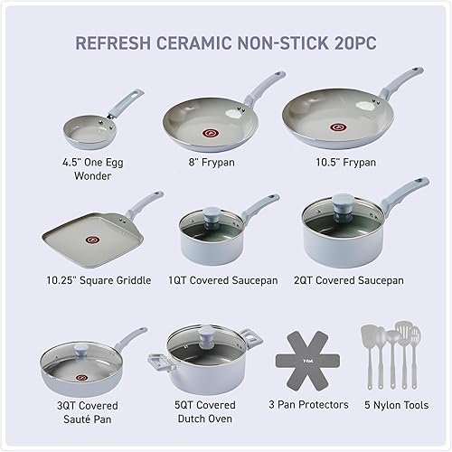 Miniatura 2 de T-fal Refresh Ceramic, juego de utensilios de cocina antiadherentes de cerámica, 20 piezas, apto para horno 350F, juego de cocina con bandeja para