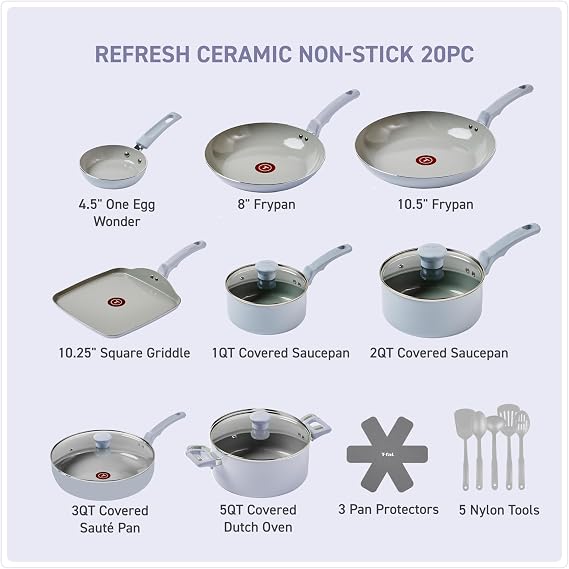 T-Fal Refresh Ceramic Nonstick Cookware Set, 20-Piece, Oven Safe to 350F, Includes Stockpot, Griddle, Frying Pans, Utensils, Ceramic Pots and Pans Set, Blue