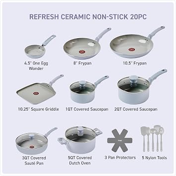 T-Fal Refresh Ceramic Nonstick Cookware Set, 20-Piece, Oven Safe to 350F, Includes Stockpot, Griddle, Frying Pans, Utensils, Ceramic Pots and Pans Set, Blue