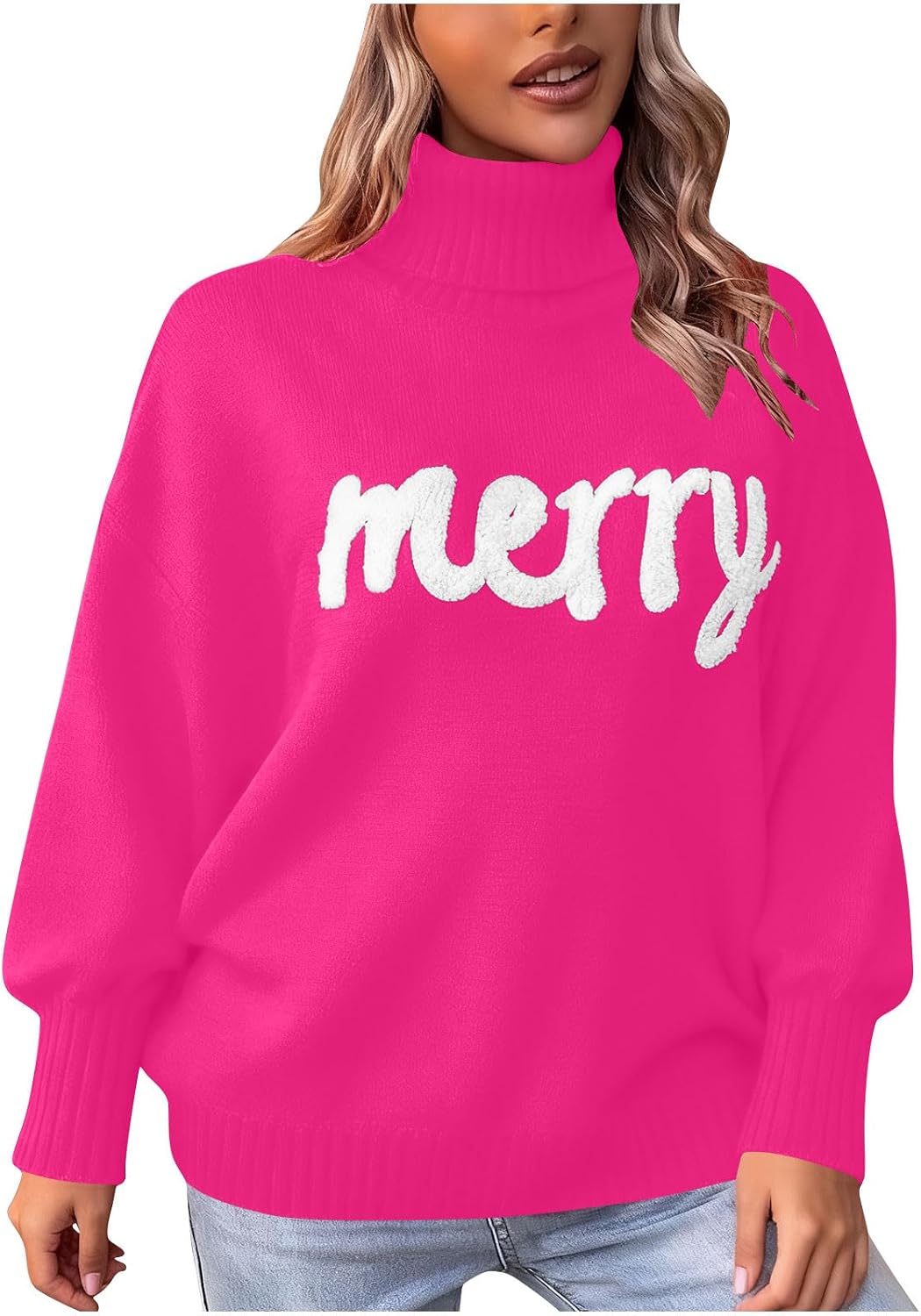 Merry Christmas Sweaters for Women Loose Turtleneck Pullover Sweaters Long Batwing Sleeve Xmas Holiday Jumper Tops