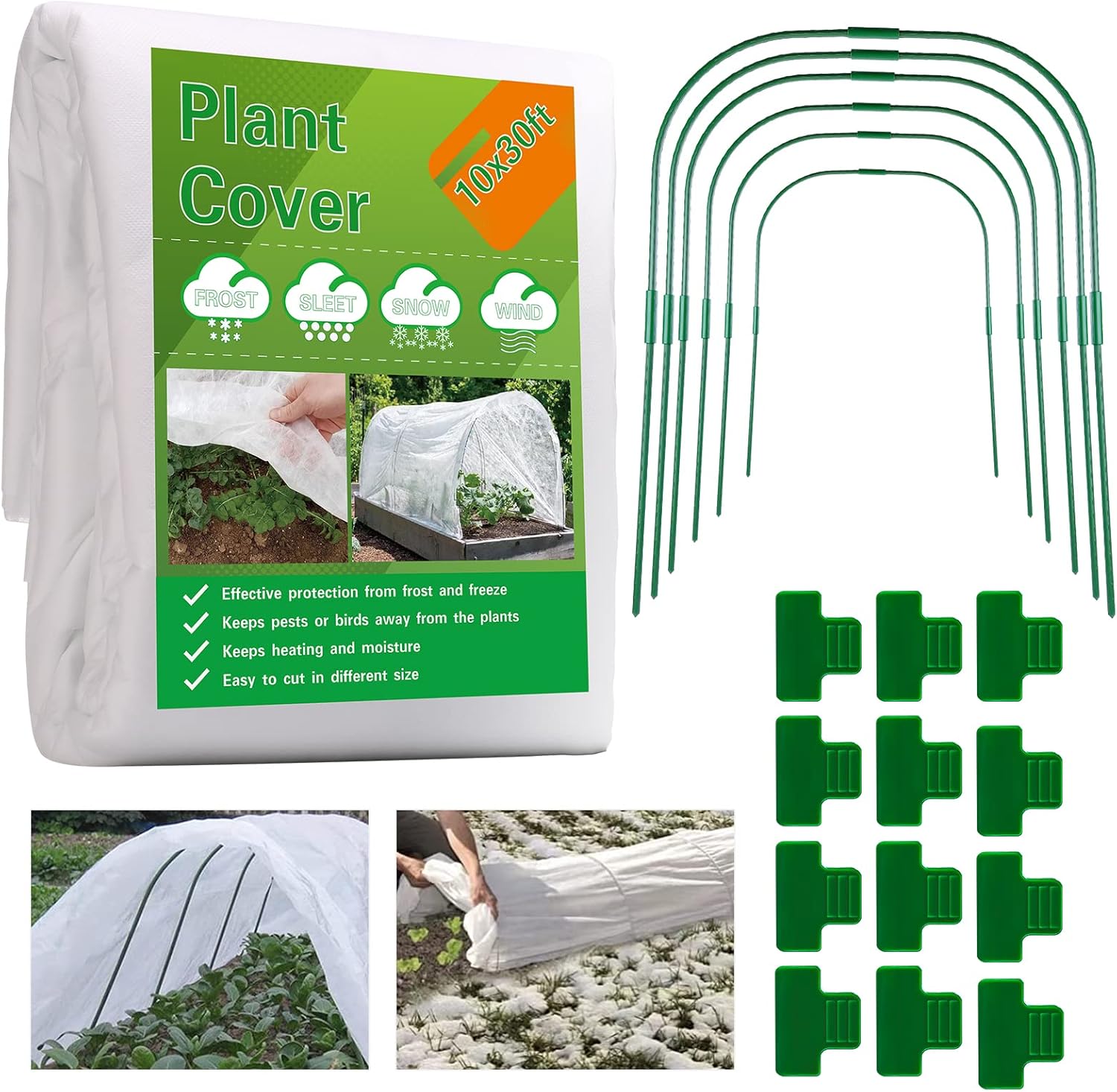 Plant Covers Freeze Protection Kit,10x30Ft Fabric Frost Cloth With 6pcs Garden Hoops & 12 Clips,Floating Row Cover Kit With Greenhouse Hoops Frost Blanket for Plants Vegetables Winter Frost Protection