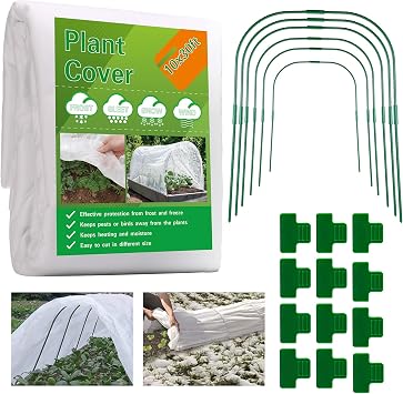 Plant Covers Freeze Protection Kit,10x30Ft Fabric Frost Cloth With 6pcs Garden Hoops & 12 Clips,Floating Row Cover Kit With Greenhouse Hoops Frost Blanket for Plants Vegetables Winter Frost Protection