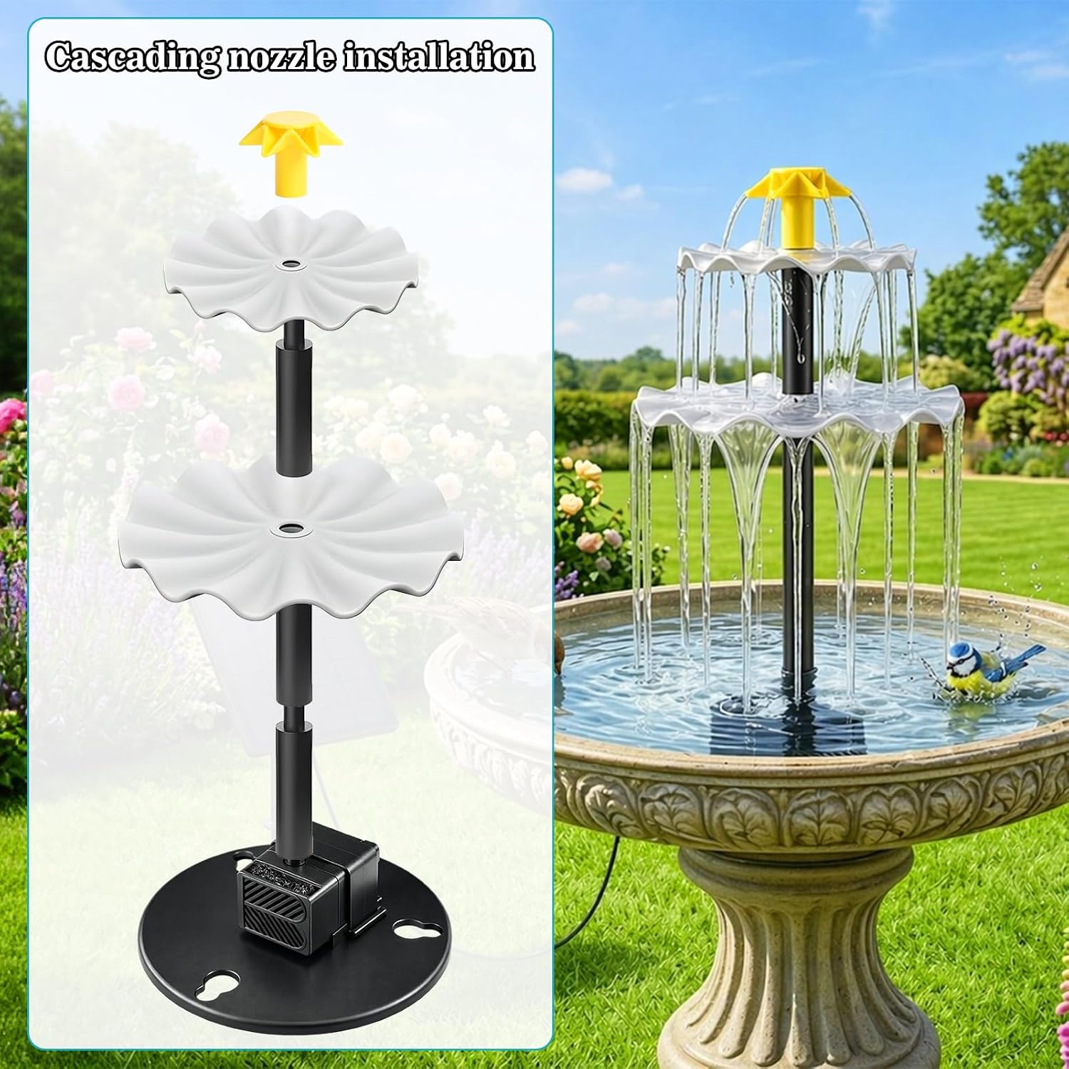 DDcafor Solar Water Fountain for Bird Bath 2.5W Solar Powered Cascading Water Fountain Pump 3 Tier Waterfall Water Feature Pump Garden Outdoor