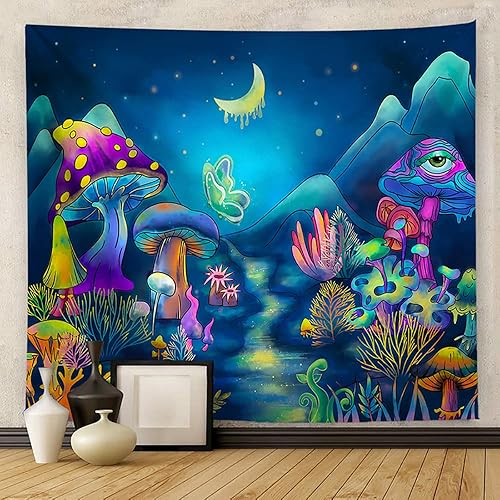 Miniatura 2 de Wonrizon Tapiz de hongos con luz negra, tapices de bosque de mariposas, reactivos a los rayos UV, luna estrellada para colgar en la pared,