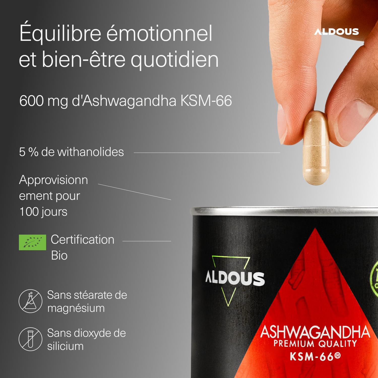 Ashwagandha Bio KSM-66 ® 600mg - 100 Gélules (+3 Mois) - Bien-être, Anti Stress, Énergie, Sommeil - 5% en Withanolides - Ashwagandha KSM-66-100% Pure - Vegan - Sans Plastique - Certifié Bio - ALDOUS