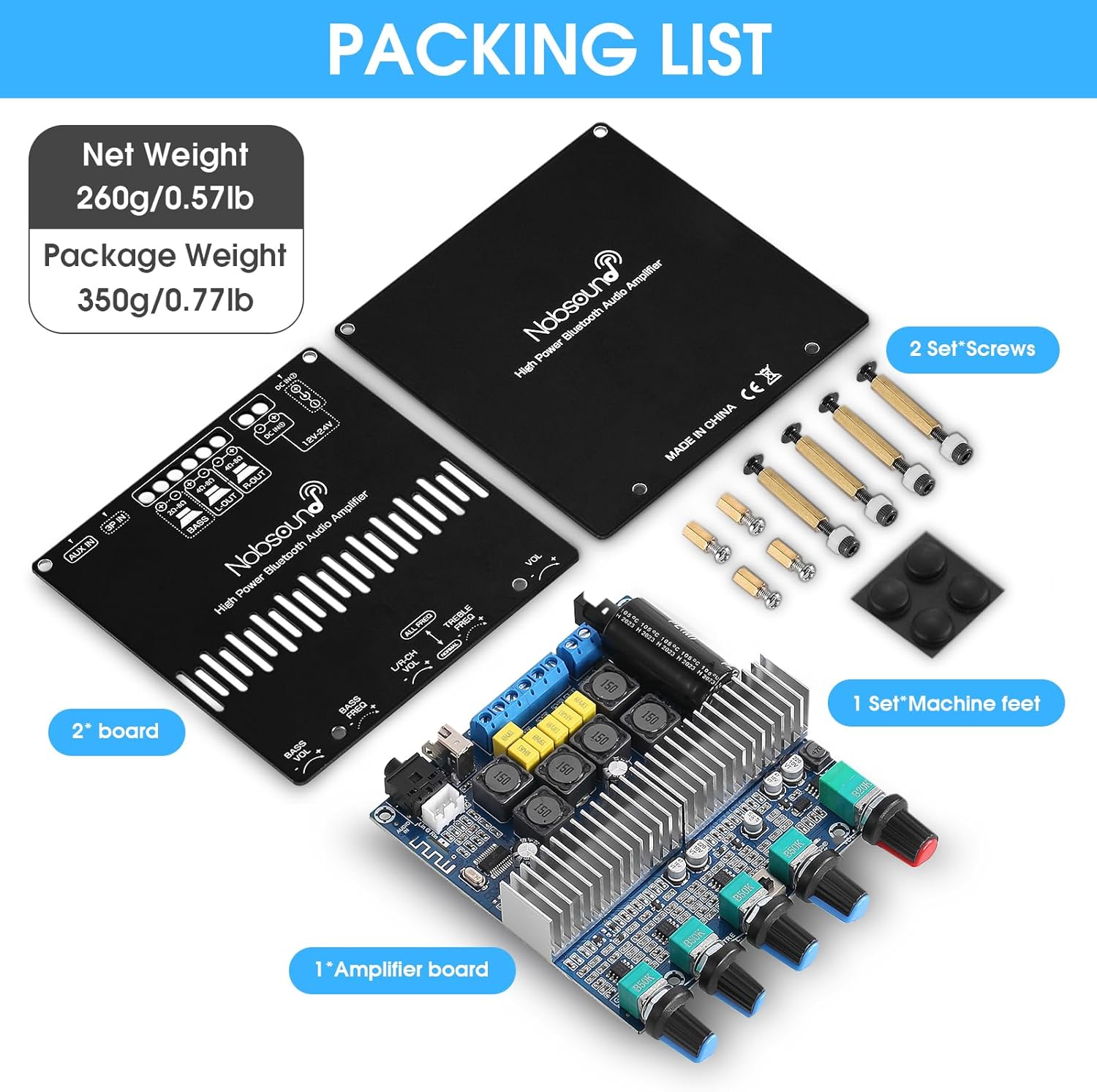 Nobsound 2.1 Channel Bluetooth Power Amplifier Board and accessories in packaging