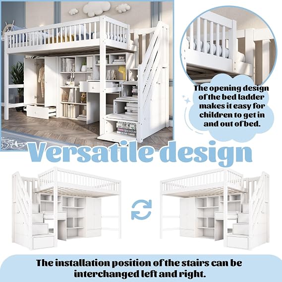 3FT Loft Bed with Storage Stairs,Desk,Wardrobes,Bookcases,High Sleeper Single Bed Frame with High Guardrail,Sturdy Slat Support,White