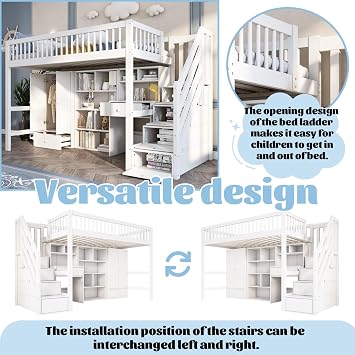 3FT Loft Bed with Storage Stairs,Desk,Wardrobes,Bookcases,High Sleeper Single Bed Frame with High Guardrail,Sturdy Slat Support,White
