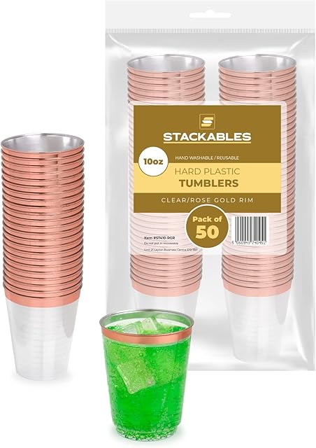 STACKABLES ~ 10oz Hard Plastic Tumbler ~ Pack of 50 Clear Tumblers with Rose Gold Rim 300ml ~ Reusable Elegant Party Cups ~ Multi Use Classic Cup Set for Holiday Gathering & Parties