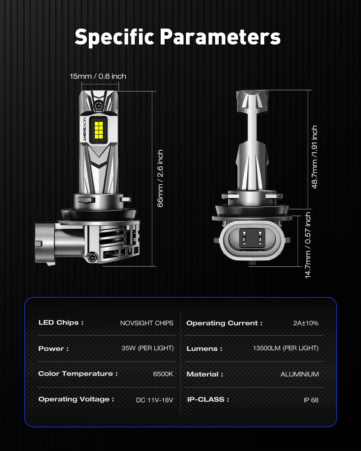 NOVSIGHT Lot de 2 ampoules de phare à DEL H11 – 27 000 lm 1:1, ampoule de phare H11, 600 % blanc froid 6500 K, super lumineuse, kit de conversion d'ampoule H8 H9, Plug and Play, étanchéité IP68