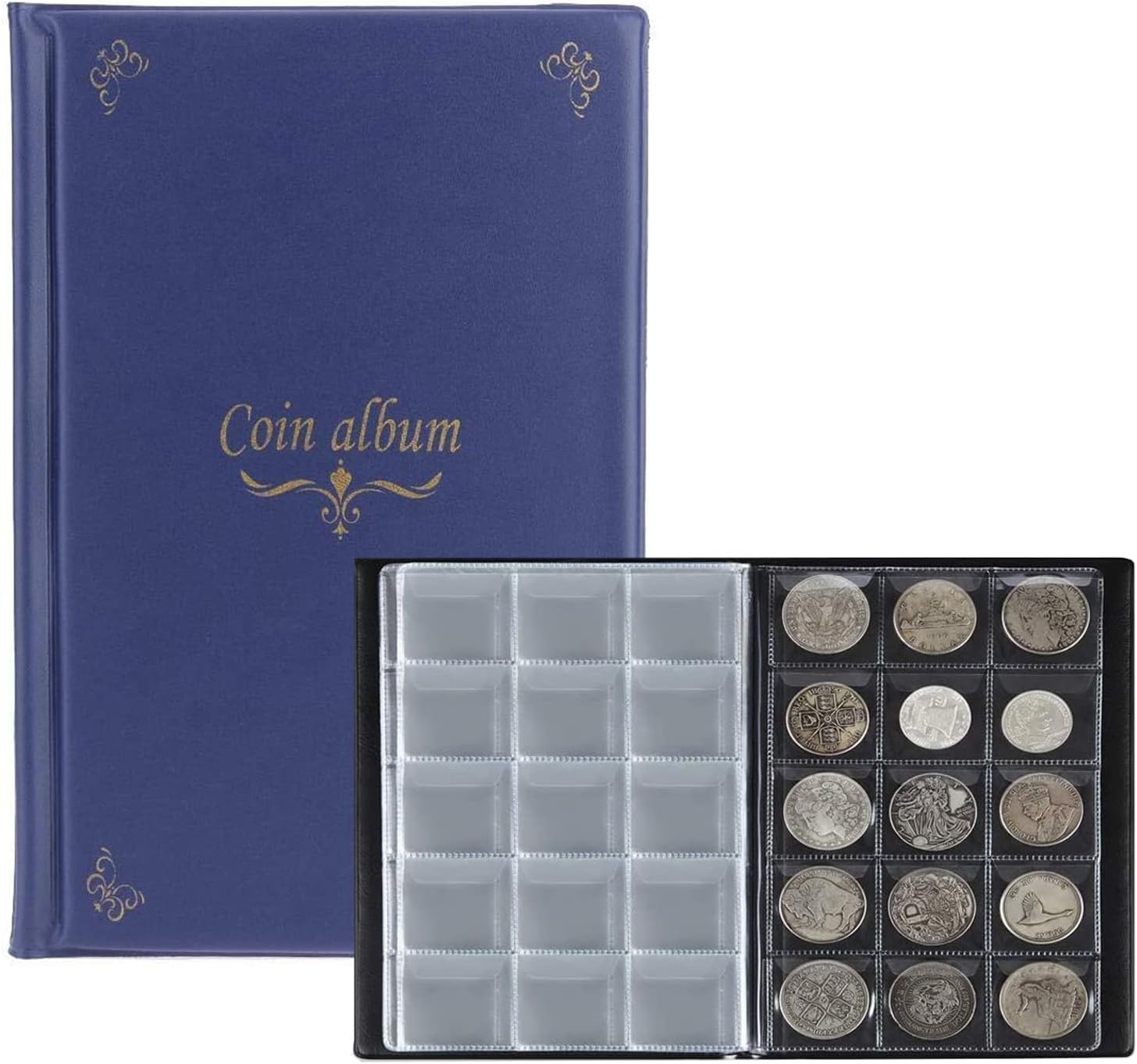 AITIME 150 Pockets Coin Holder Collection, Quarter Dollar Album, Clear Storage Pockets with Lid, Souvenir Collection Supplies Gifts for Hobby Collecting Collectors (Blue)