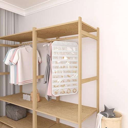 Miniatura 4 de 1 organizador de joyas colgante, organizador de joyas de 80 bolsillos para colgar, para joyas, aretes, collares, pulseras, anillos, soporte de viaje