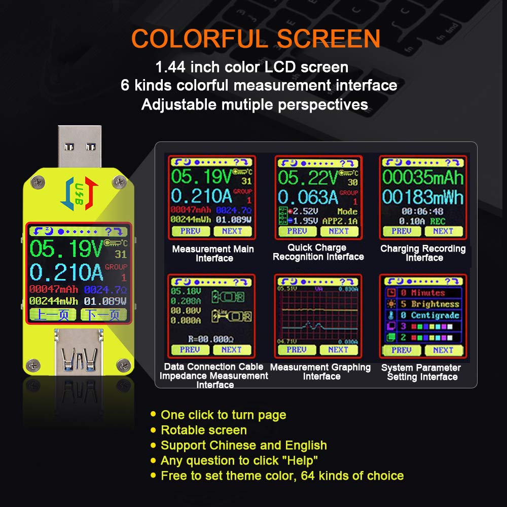 UM34 USB 3.0 Power Voltage Current Resistance Meter Battery Capacity Temperature Measurement Type-C Ammeter Tester Color LCD Display