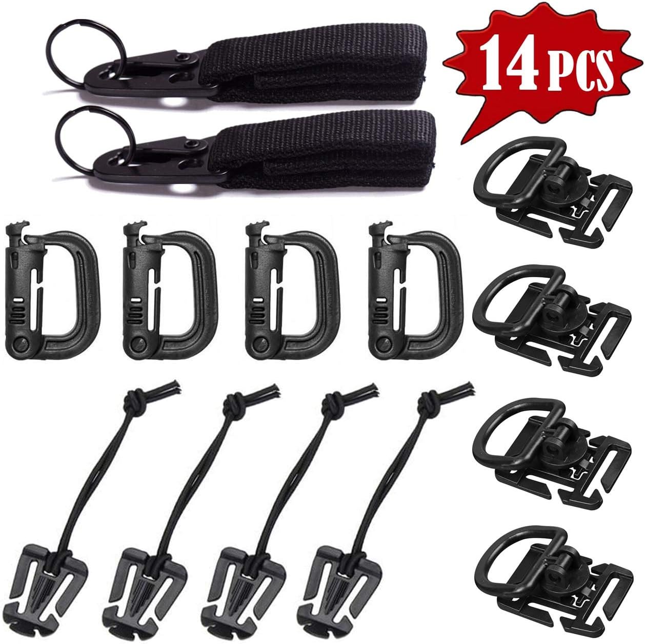 Tragoods Kit of 14 PCS Tactical Molle Attachments for 2 Molle Webbing Key Ring, 4 Tactical 360 Rotation D-Ring Clips, 4 Tactical Gear Military Tube Clip, 4 Tactical D-Ring Locking Hanging Hook