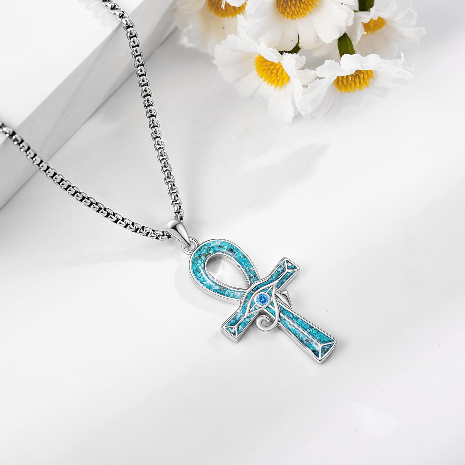 Ankh Necklace 925 Sterling Silver Eye of Horus Necklace Turquoise Ankh Cross Necklace for Men Egyptian Jewelry for Men - Image 5