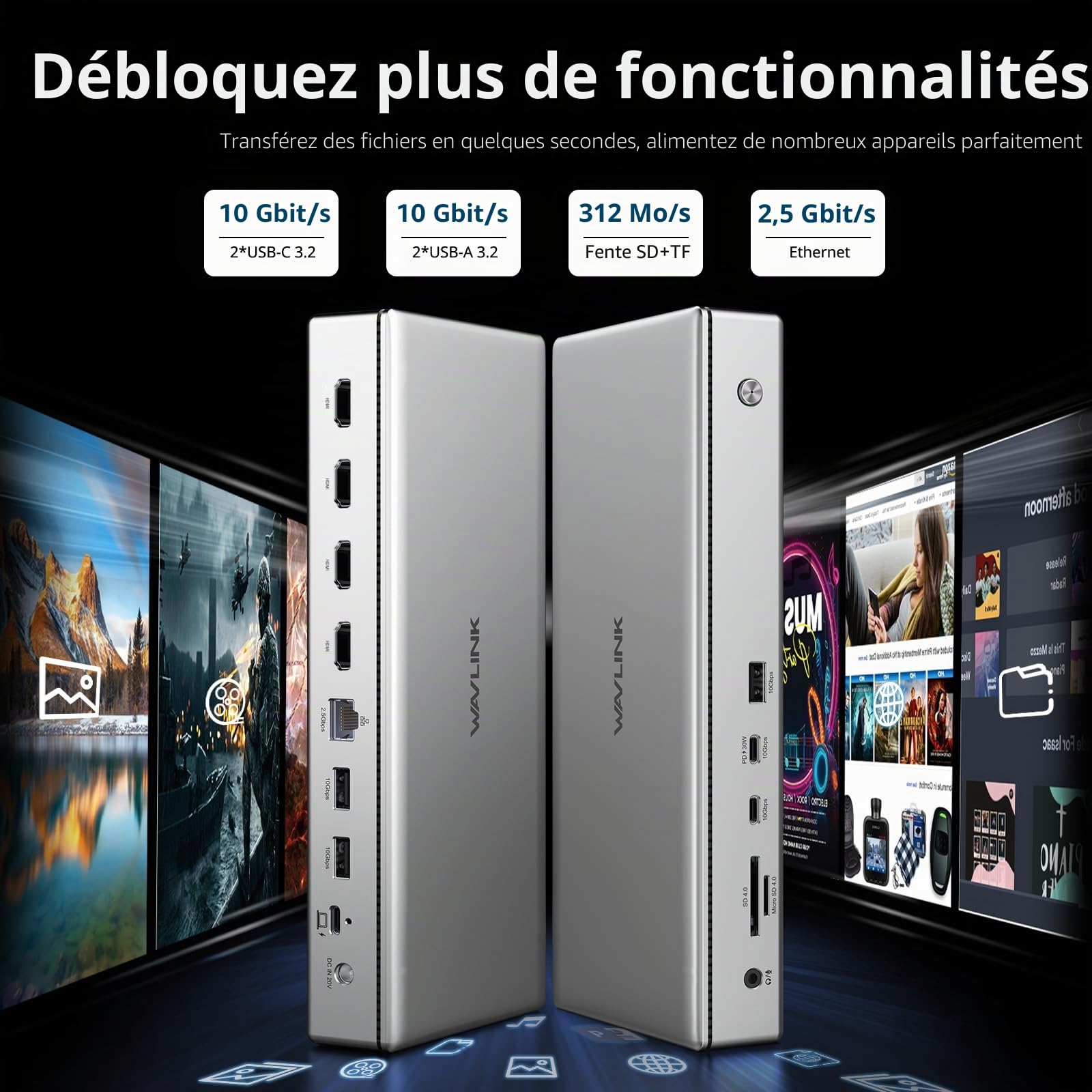 WAVLINK Station d'accueil USB-C DisplayLink Premium Compatible avec Nouveau MacBook Neo, Quad 4K 60Hz 4 HDMI, 15 en 1 100W Charge, LAN 2,5G, USB 3.2 PD pour M1/M2/M3 Mac Windows
