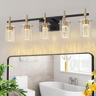 Vanity Light with 3 Color Modes (3000K/4000K/6000K), Eye Protection LED Bathroom Light Fixture, Dimmable Modern Wall Light Over Mirror with Clear Glass Shade (Black and Gold, 5-Light)