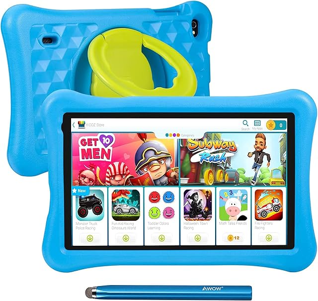 10.1 inch Kids Tablet AWOW Tablet PC for Kids, KIDOZ Pre-Installed, Android 10 Go Quad Core, 32GB Rom, Kids-Proof case and Stylus Pen, Parental Controls, Dual Cameras, Blue