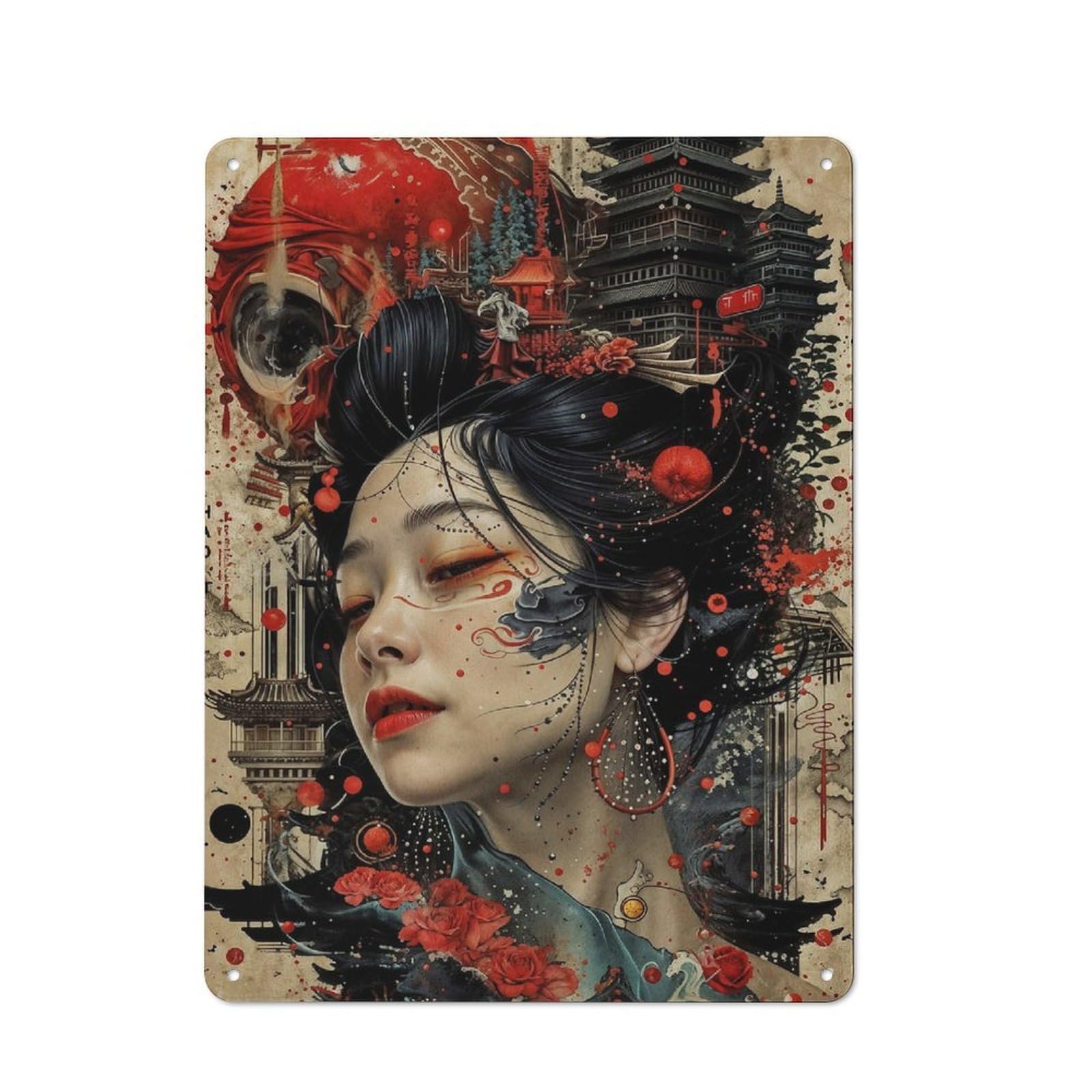 Geisha Japanese Metal Wall Plaque 40x30cm, Character Room Wall Plaque for Hallway, Home Bar, Garage Or Study