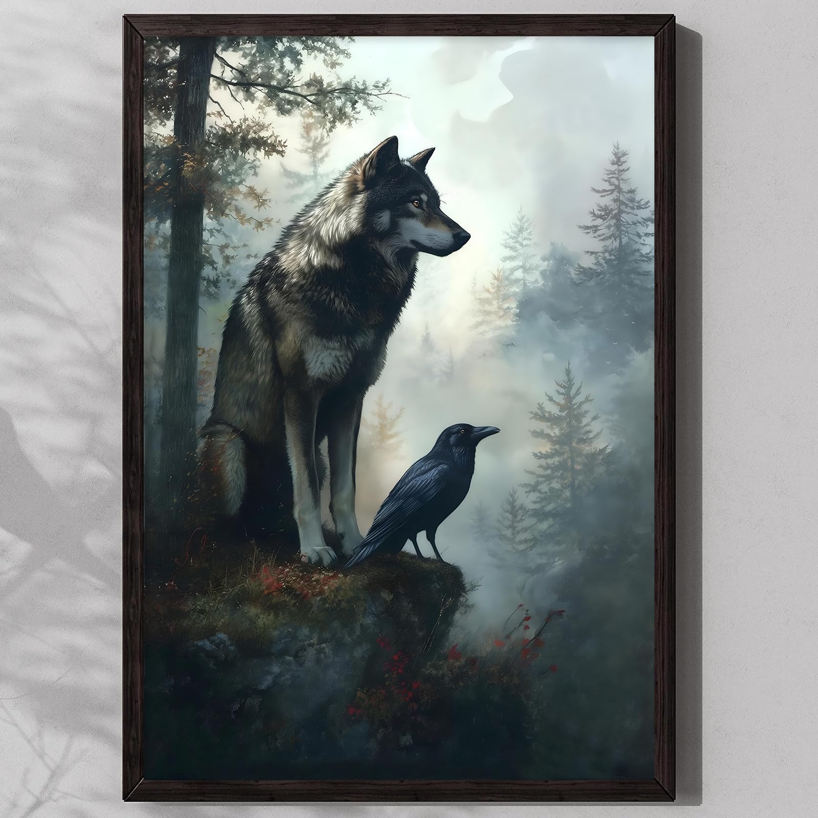 Raven And Wolf Wall Art Vintage Wildlife Prints Dark Academia Raven Wall Art Gothic Wolf Canvas Gothic Forest Posters Moody Crow Picture Wildlife Dark Animal Paintings Crow Artwork 16x24inch No Frame