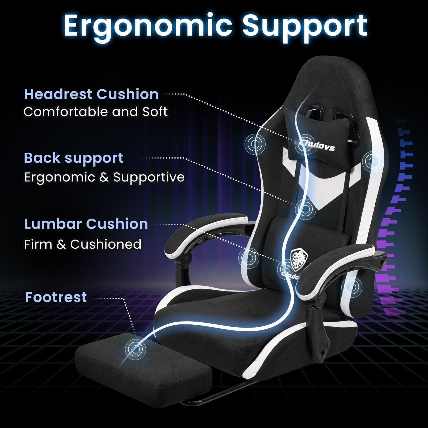 كرسي ألعاب أسود قابل للإمالة مع مسند قدم ودعم ظهر...