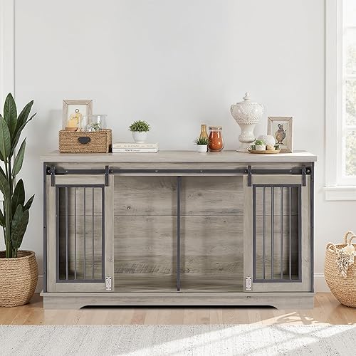 Rovibek Mueble de jaula doble para perros de 60 pulgadas, mueble de madera para perrera para 2 perros con divisor, perros grandes, medianos y