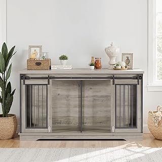 Rovibek 60inch Double Dog Crate Furniture, Wooden Dog Kennel Furniture TV Stand for 2 Dogs with Divider, Large Medium Small Dogs Indoor Grey