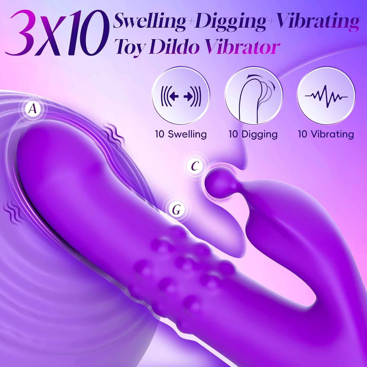 Rabbit Dildo Vibrator Adult Sex Toys for Women, 3 in 1 Digging & Swelling G Spot Vibrator Massager Clitoral Nipple Stimulation with 10 Vibration Modes Sex Machine for Couple Play