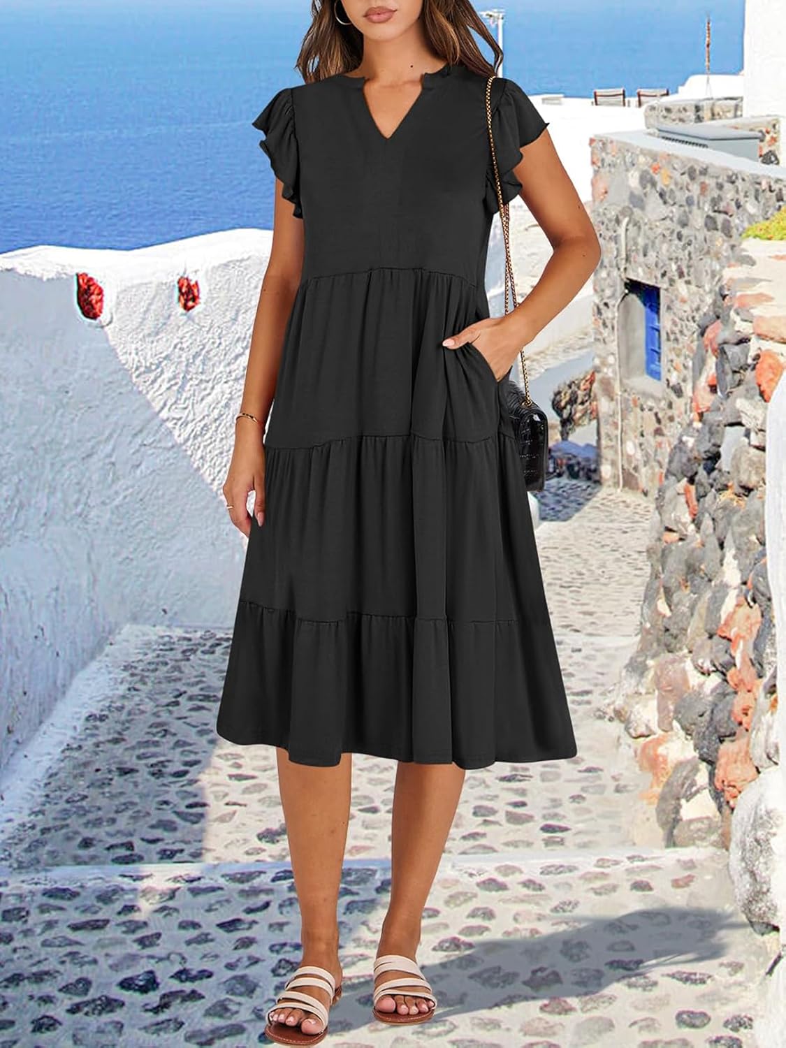 Womens Summer Ruffle Sleeve V Neck Midi Dress 2024 Fashion Casual Fit Flowy Tiered Boho Beach Vacation Sundress - Image 2