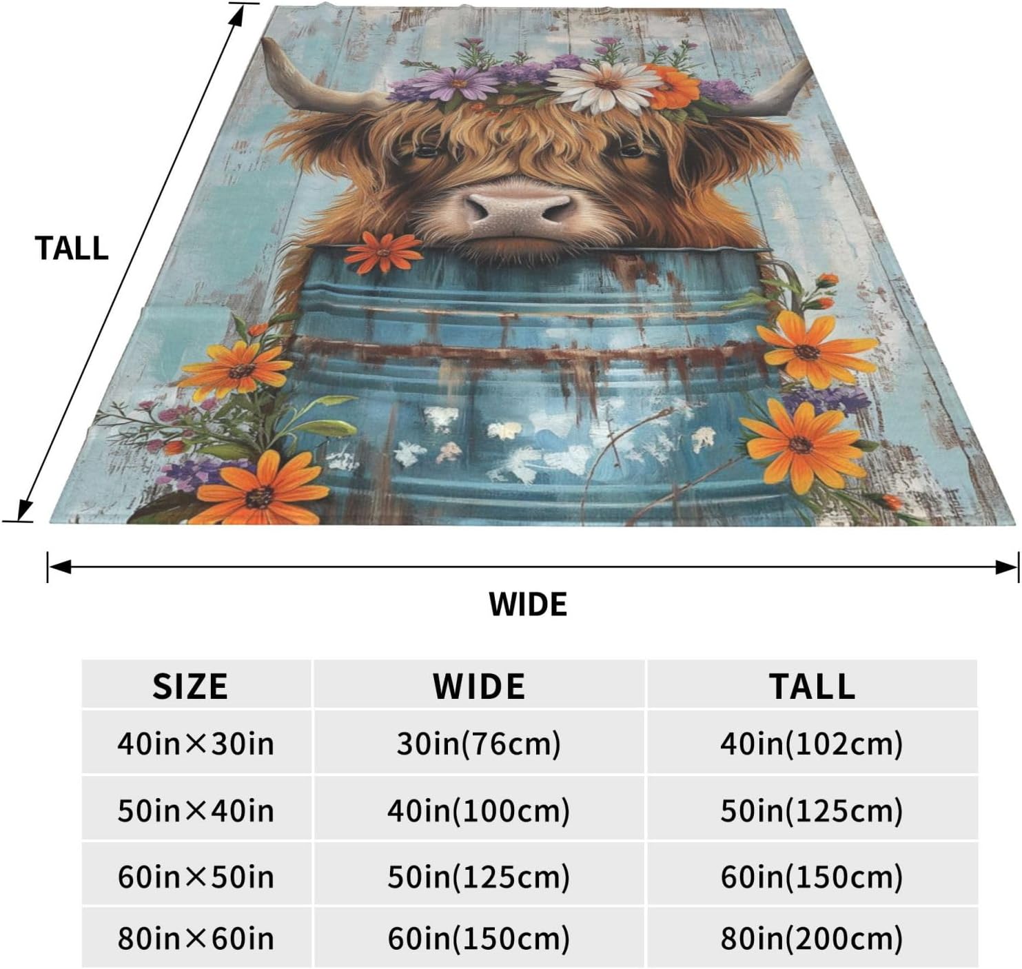 Highland Cow Blanket Gifts for Women Girls Kids Soft Warm Lightweight Cozy Rustic Wooden Farmhouse Floral Throw Blankets for Bed Sofa Living Room Couch Home Decor 50"x60"