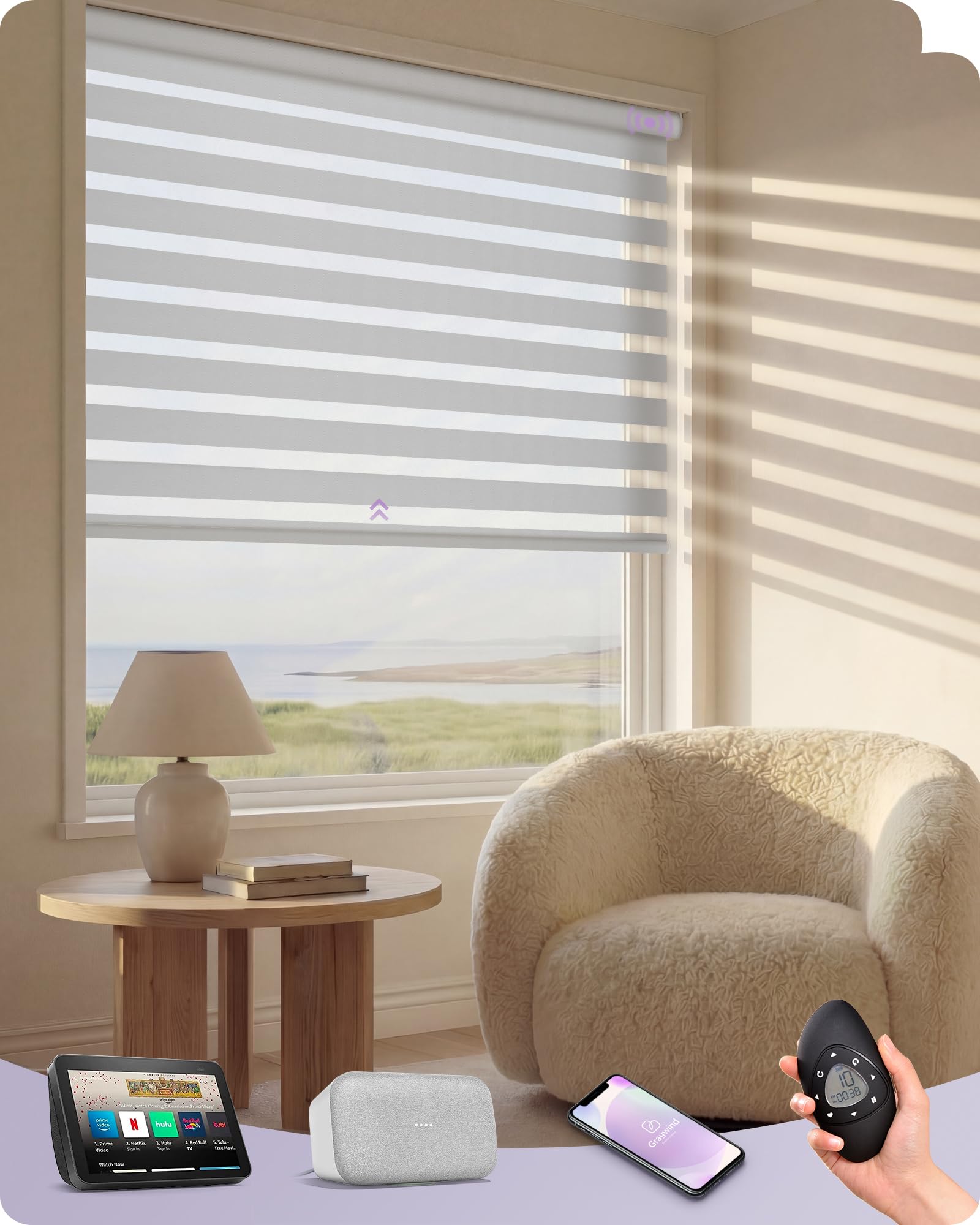 Graywind Motorized Blinds with Remote, Smart Zebra Shades for Windows, Roller Blinds Compatible with Alexa, Apple Homekit, Google Home, Custom Size,