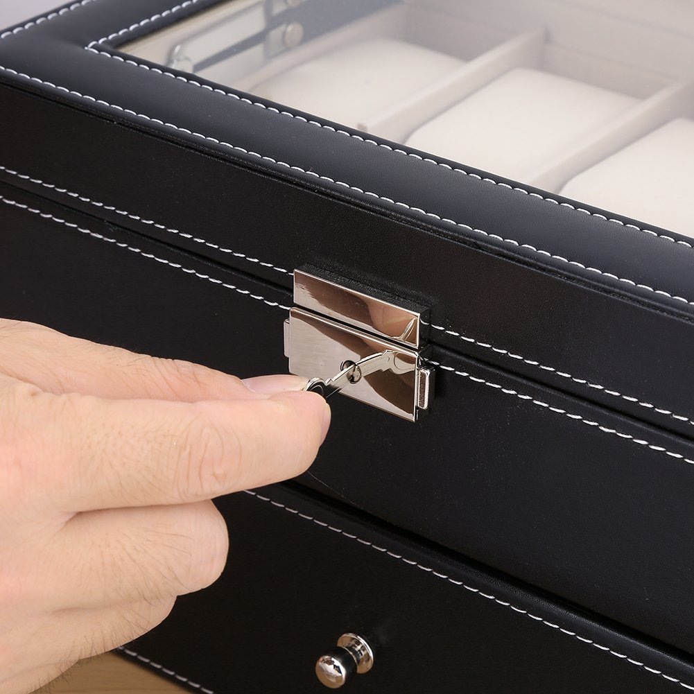 GOTOTOP Uhrenbox aus Holz und Leder, 20 Uhren Aufbewahrung Organizer mit Schublade, Elegant Uhrenkoffer für Schmuck und Armbanduhren