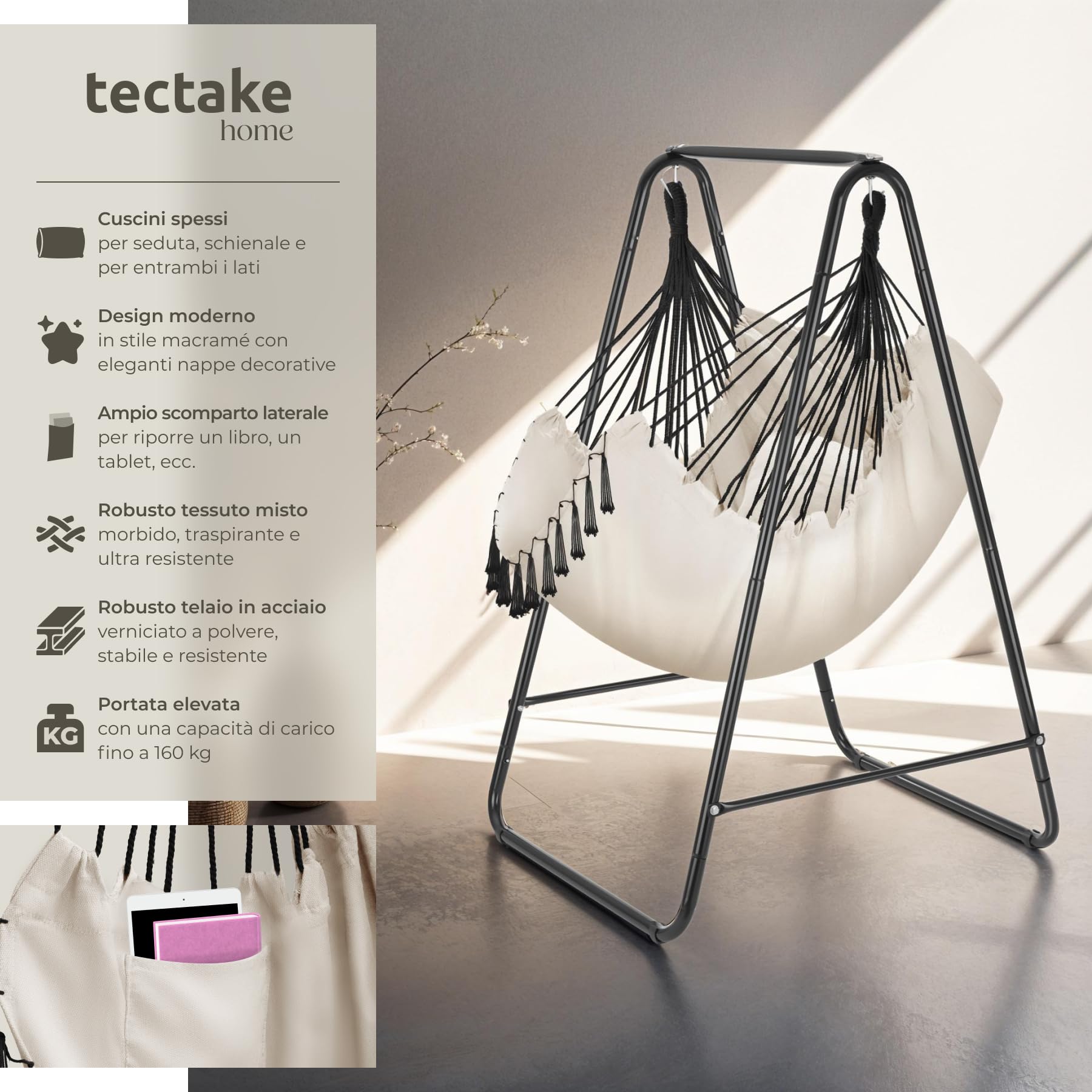 tectake® Poltrona Sospesa Boho con Cuscini, Tasca Laterale, Tessuto Misto Cotone-Poliestere, Telaio in Acciaio, Capacità 160 kg, Arredamento Casa e Giardino, per Interni ed Esterni - Beige