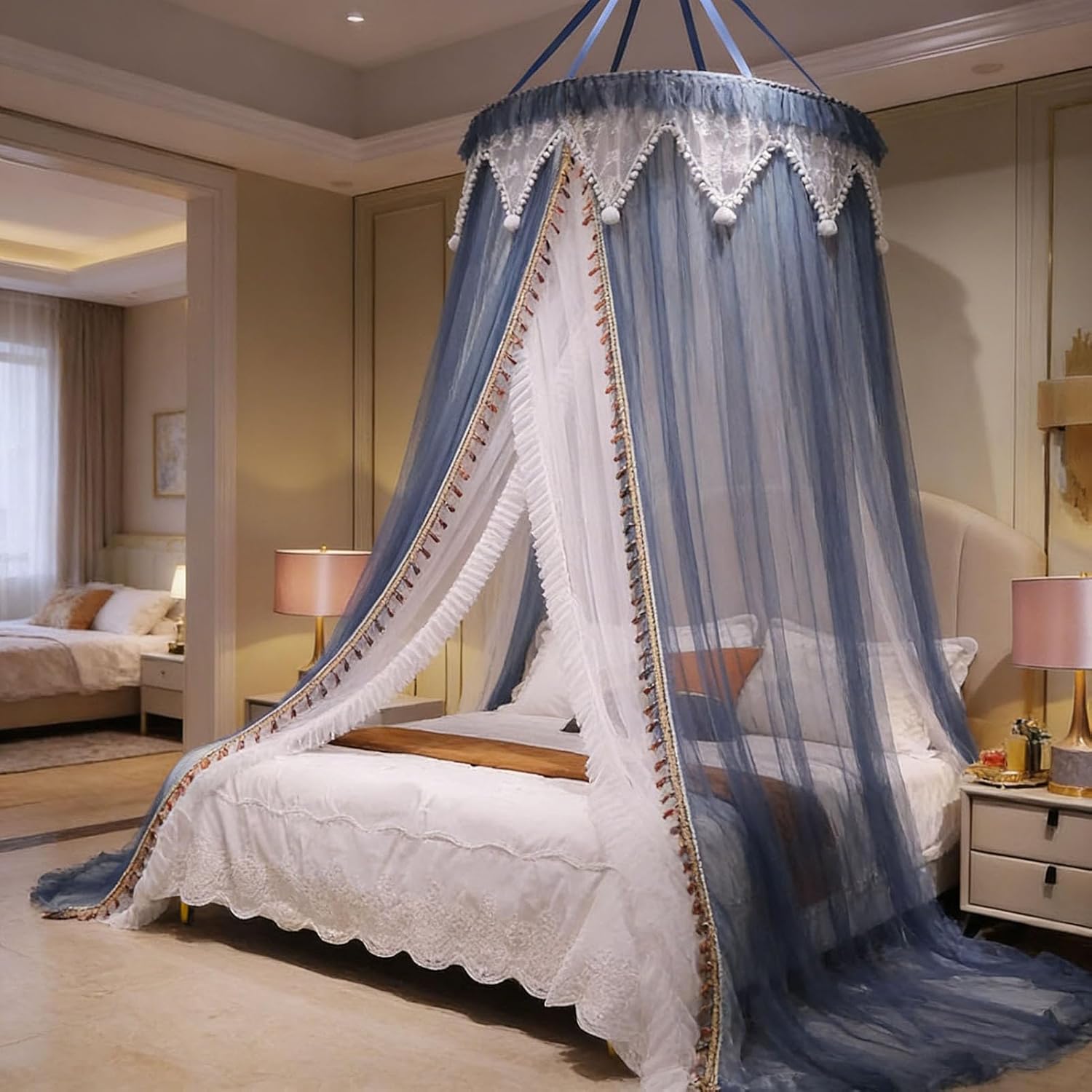 BK&MF Round Dome Mosquito Net for Bed, Double Layer Dreamy Drape Netting Bed Canopy with Star Lights, Easy Installation Bed Curtain for Girls Room Decor,Blue,150cm(60") Queen