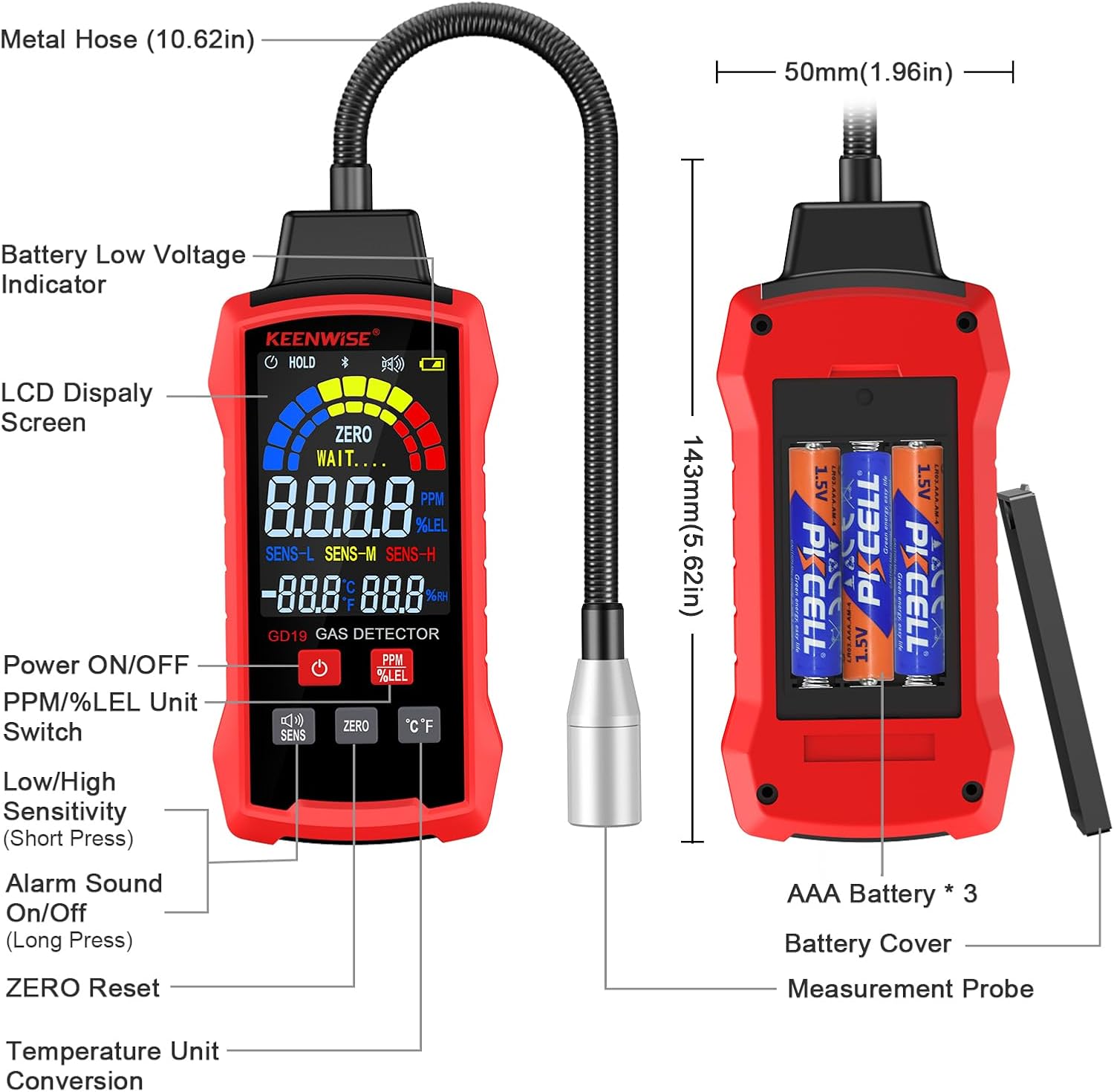 Gas Leak Detector, Natural Gas Detector with Gooseneck, LCD Display, PPM or%LEL Gas Real-Time Gas Concentration Display Portable Natural Gas Tester with Audible & Visual Alarm for Home and RV