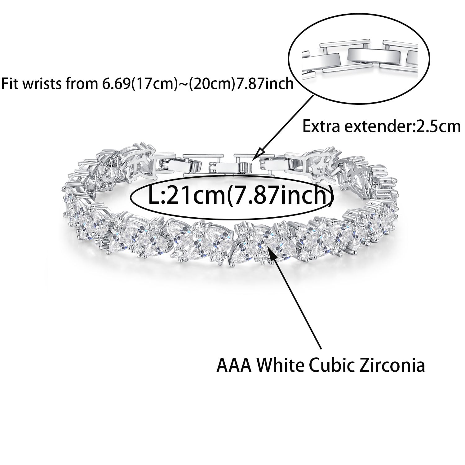 Bracelet Bransoletka ślubna dla narzeczonych druhny, Białe złoto markizowe biżuteria z cyrkonu, srebrna bransoletka biżuteria na przyjęcie weselne dla kobiet, 20 cm, miedź, cyrkonia sześcienne