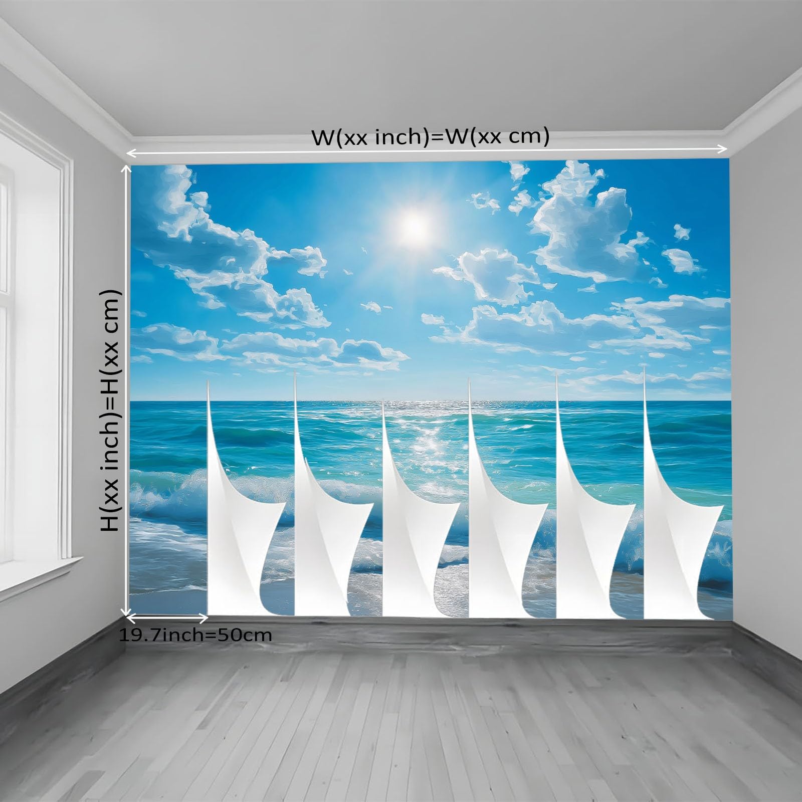 Tapeta z włókniny 350 x 256 cm, naturalne fale, słońce, dekoracja ścienna do dużego pokoju młodzieżowego, niebiesko-biała