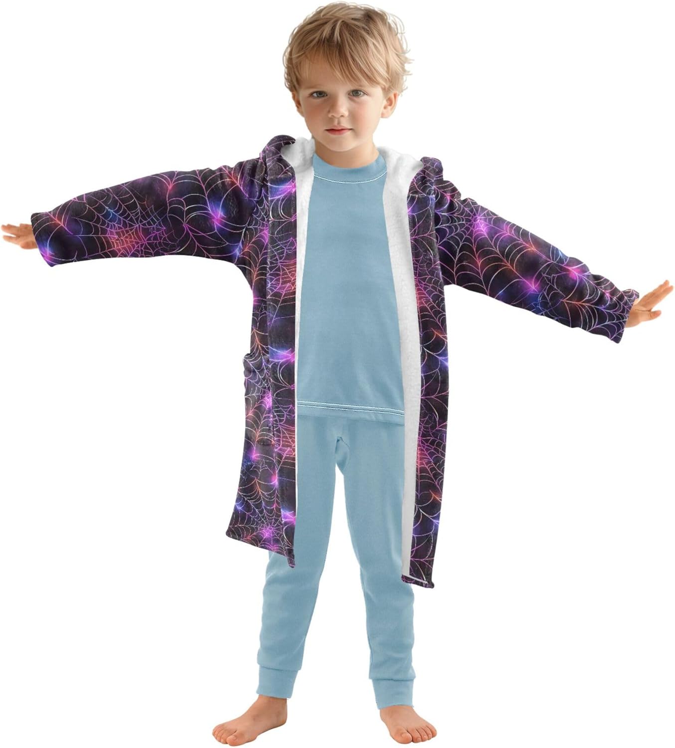 Spiderweb Pattern Halloween Bathrobe Hooded PJ Robe Soft Fleece Robe Pajama Sleepwear 2-12 Years