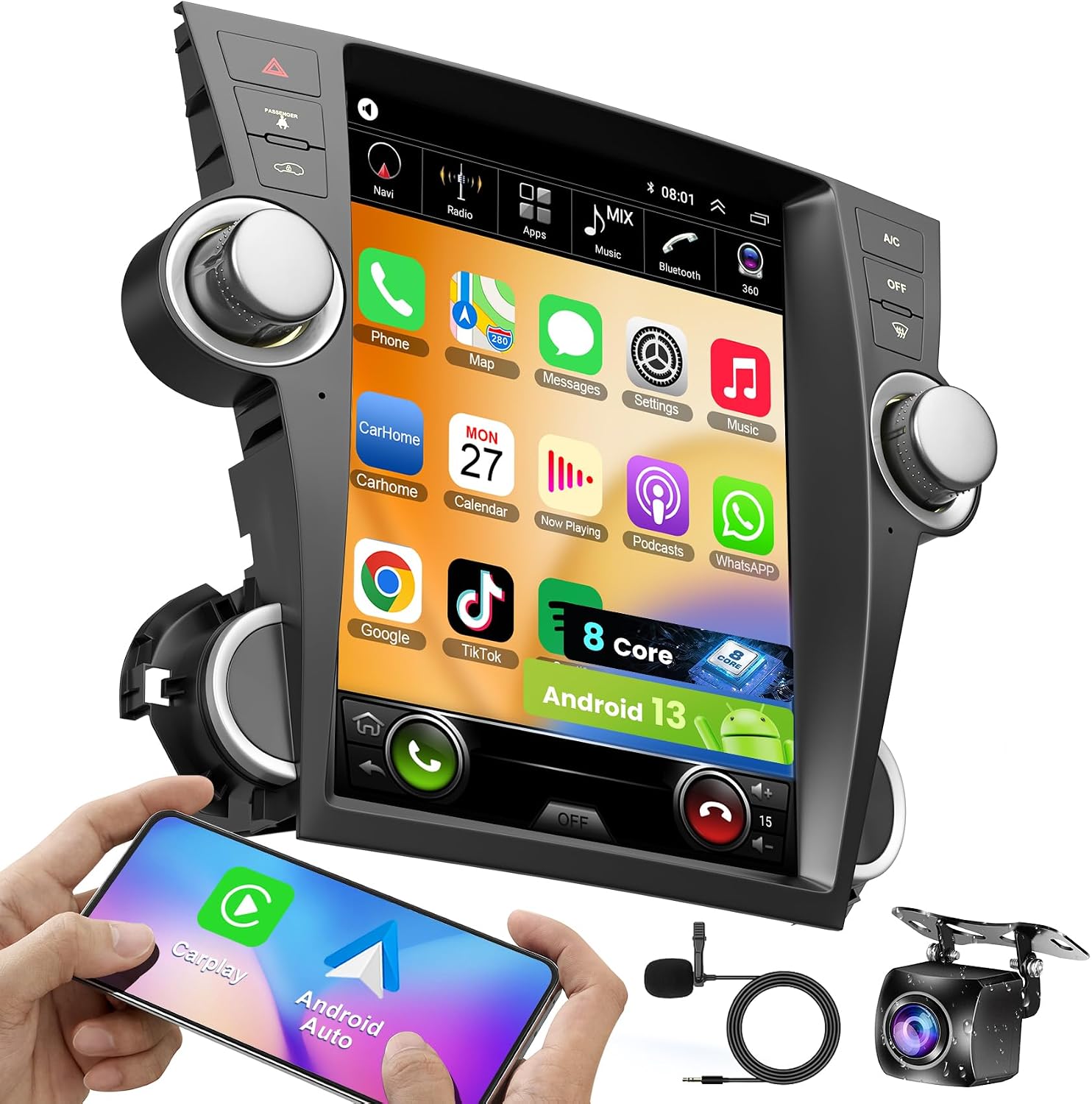 12.1 Inch Android 13 Car Radio for Toyota Highlander 2009 2010 2011 2012 2013(with Original J-B-L sound system or not), 8 Core Highlander Stereo with Carplay & Android Auto, Bluetooth & GPS Navigation