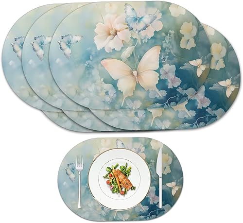 Miniatura 90 de Heat Resistant Placemats Oval Placemats Set of 6 Leather Washable and Wipeable Non Slip Place Mats, Waterproof Modern Dining Table Mats, Oval Floral