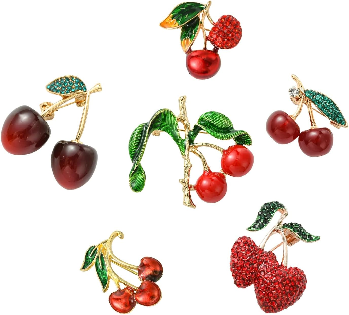 KitBeads 6Pcs 6 Styles Red Cherry Brooches 3D Fruit Badge Pins with Rhinestone for Backpack Clothes Hat Birthday Jewelry