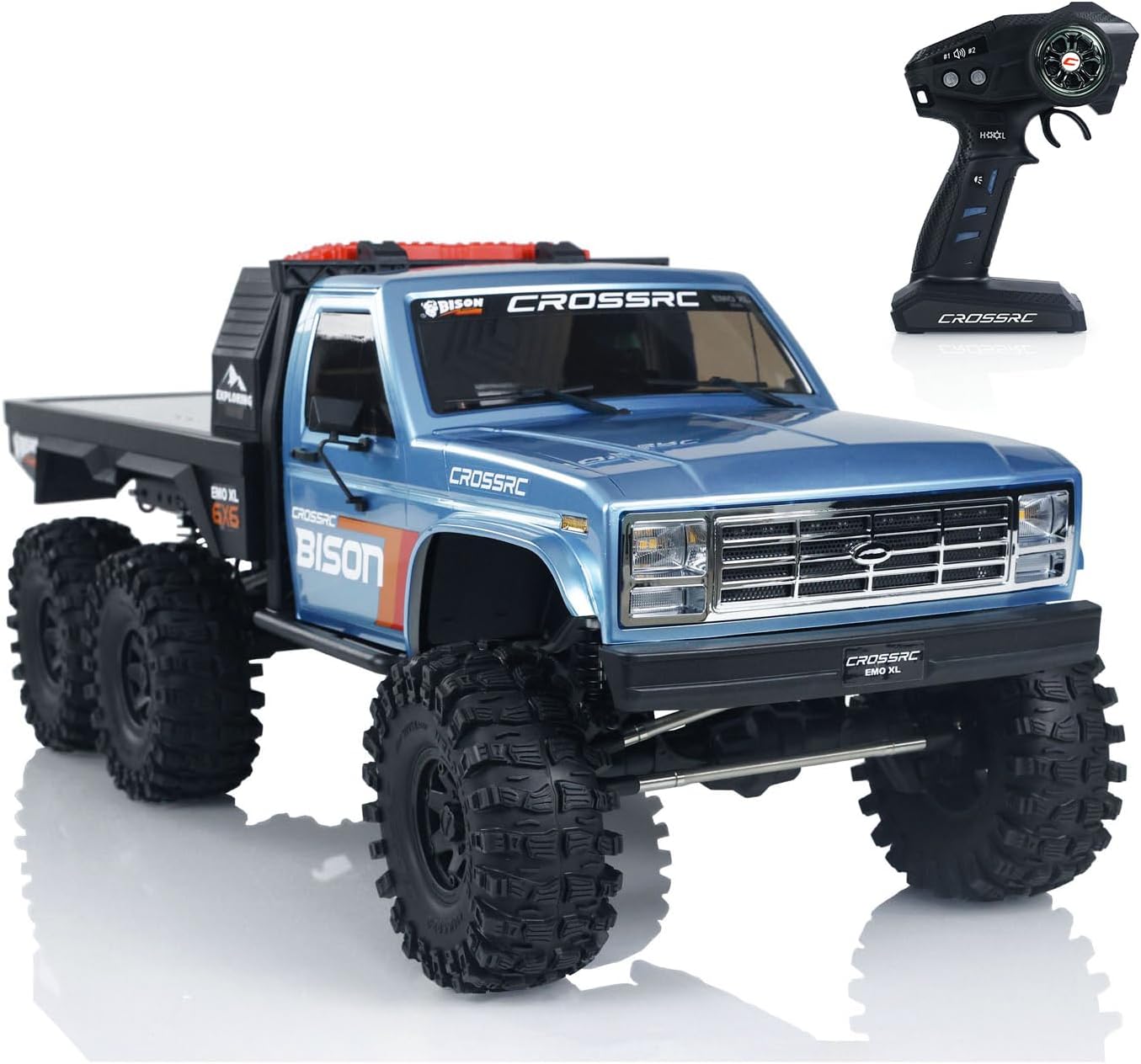 Front-side view of the CROSSRC Emo XL 6X6 RC Crawler with its remote controller