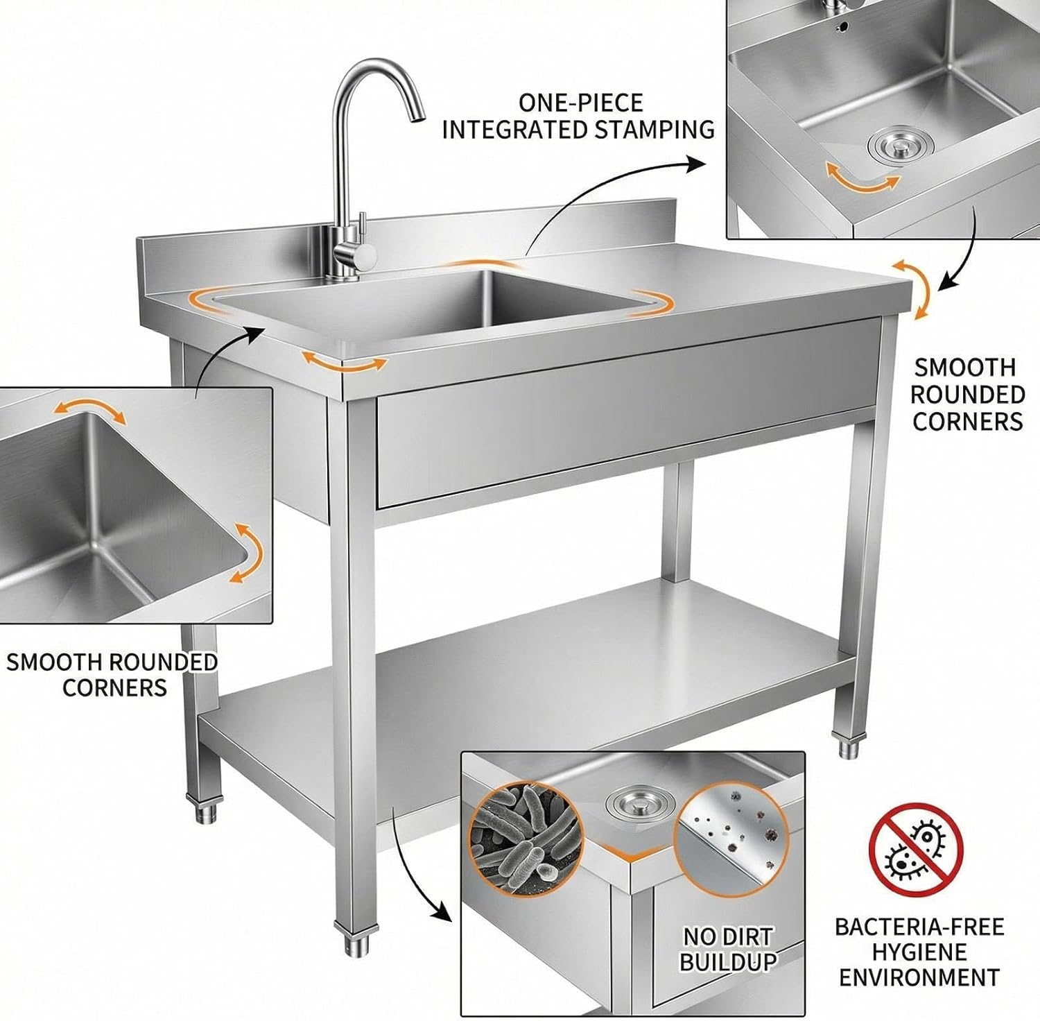 Utility Sink, 304 Stainless Steel Free Standing Single Bowl Kitchen Sink with Cold and Hot Water Faucet, Commercial Sink with Filter Basket for Kitchens, Bathrooms, Garage, Laundry Room