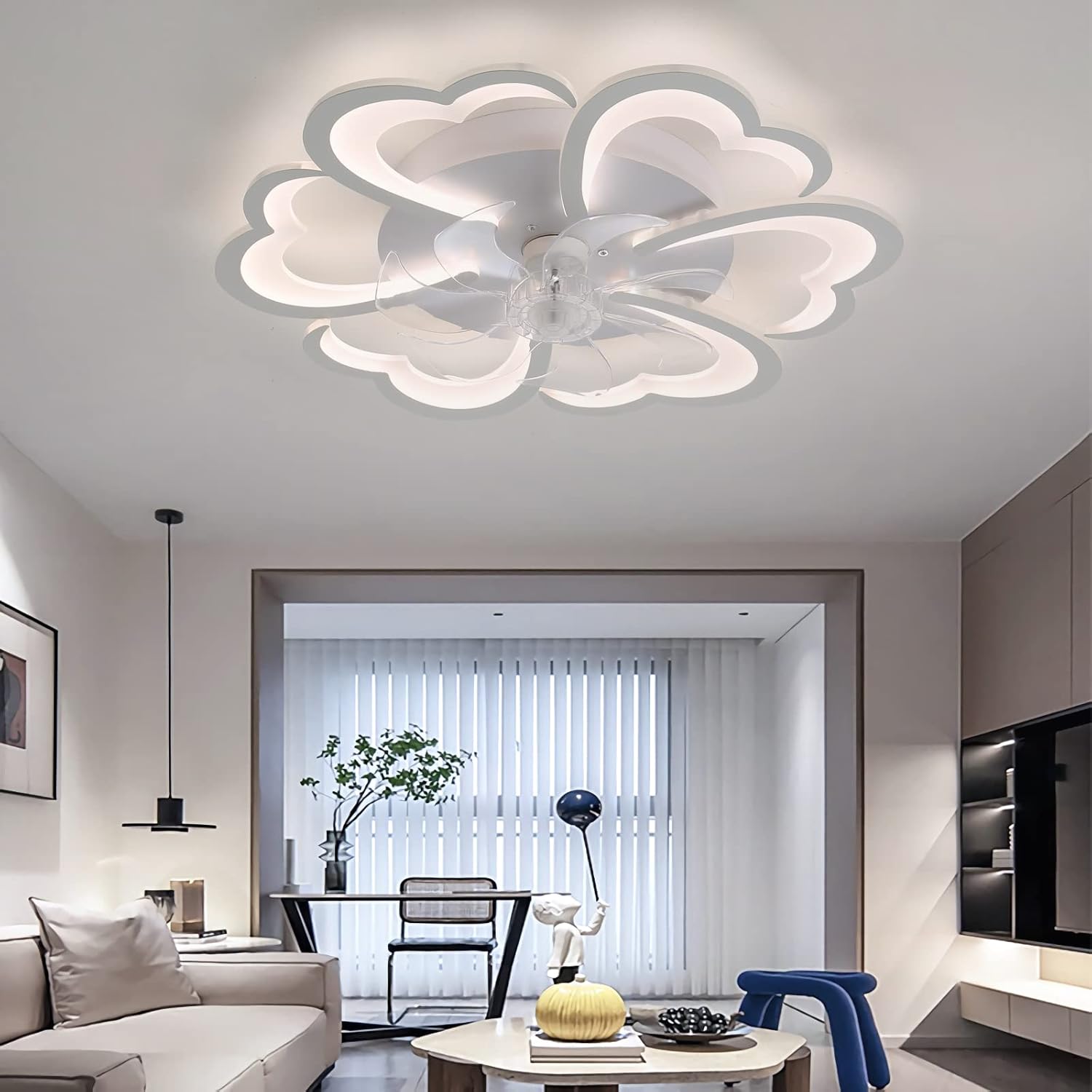 YUEGOO Ceiling Fans with Lamps,Flower Ceiling Fan with Light and Remote Control Reversible Fan Ceiling Light 6 Air Speeds for Bedroom Living Room/68Cm